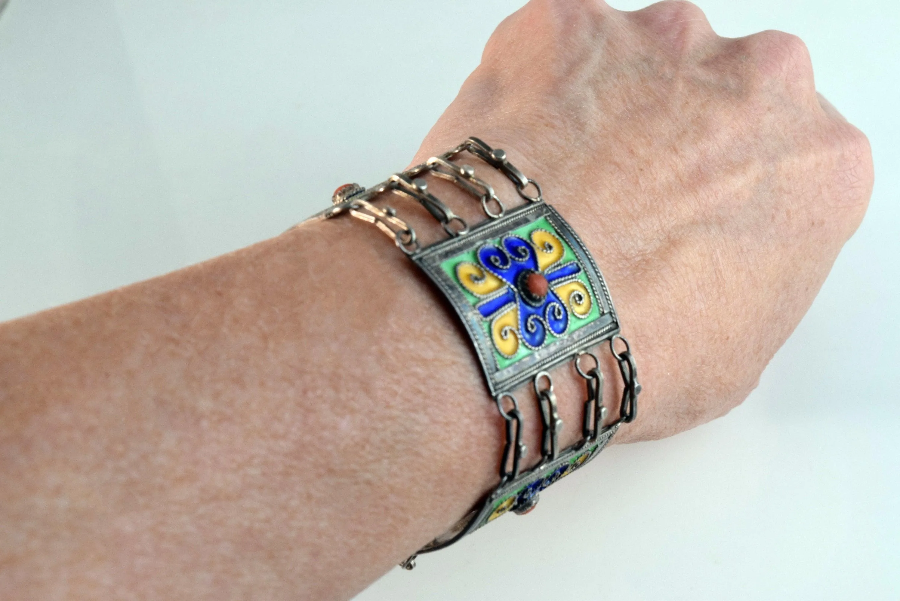 Vintage Kabyle Berber Silver Enamel Link Bracelet