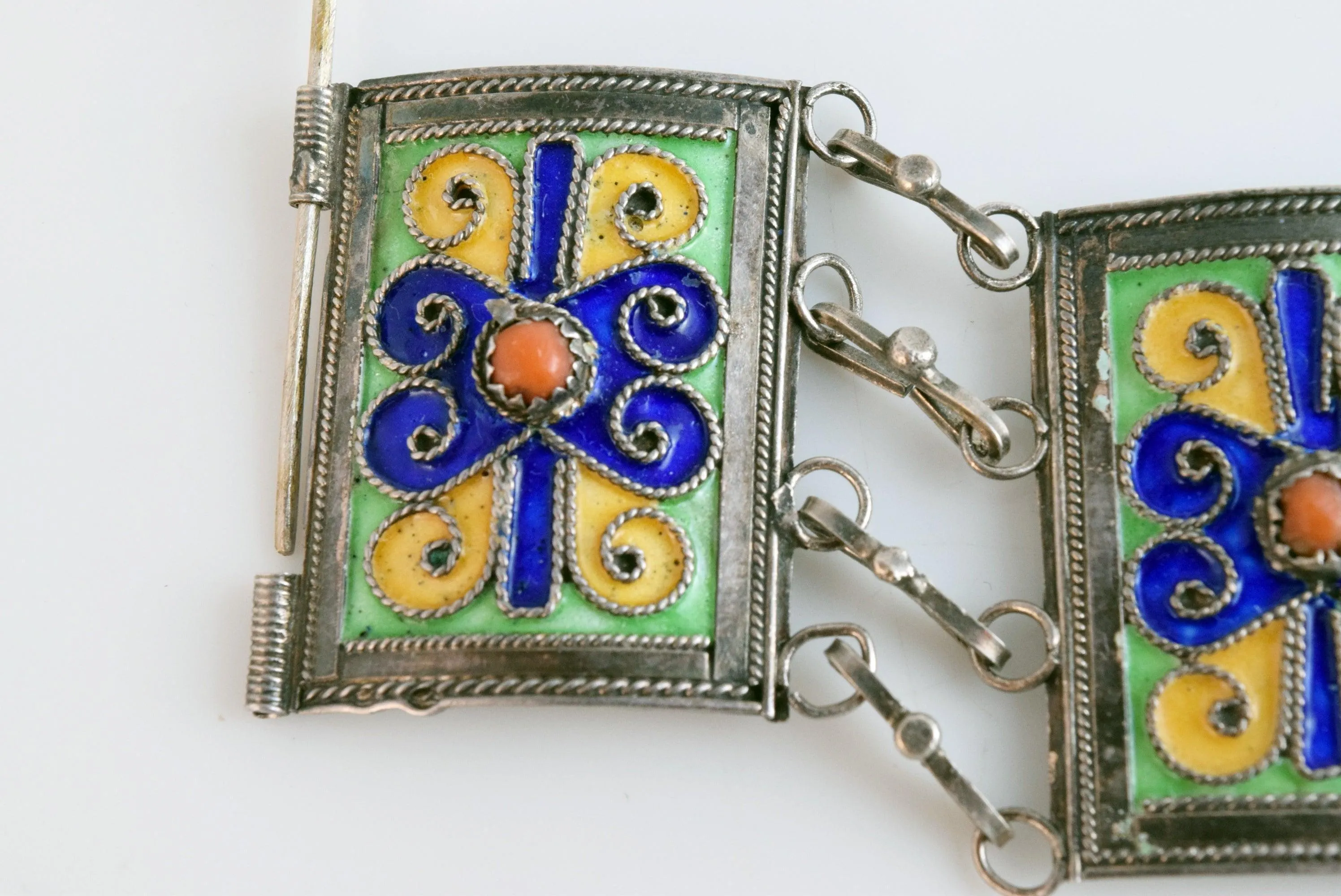 Vintage Kabyle Berber Silver Enamel Link Bracelet