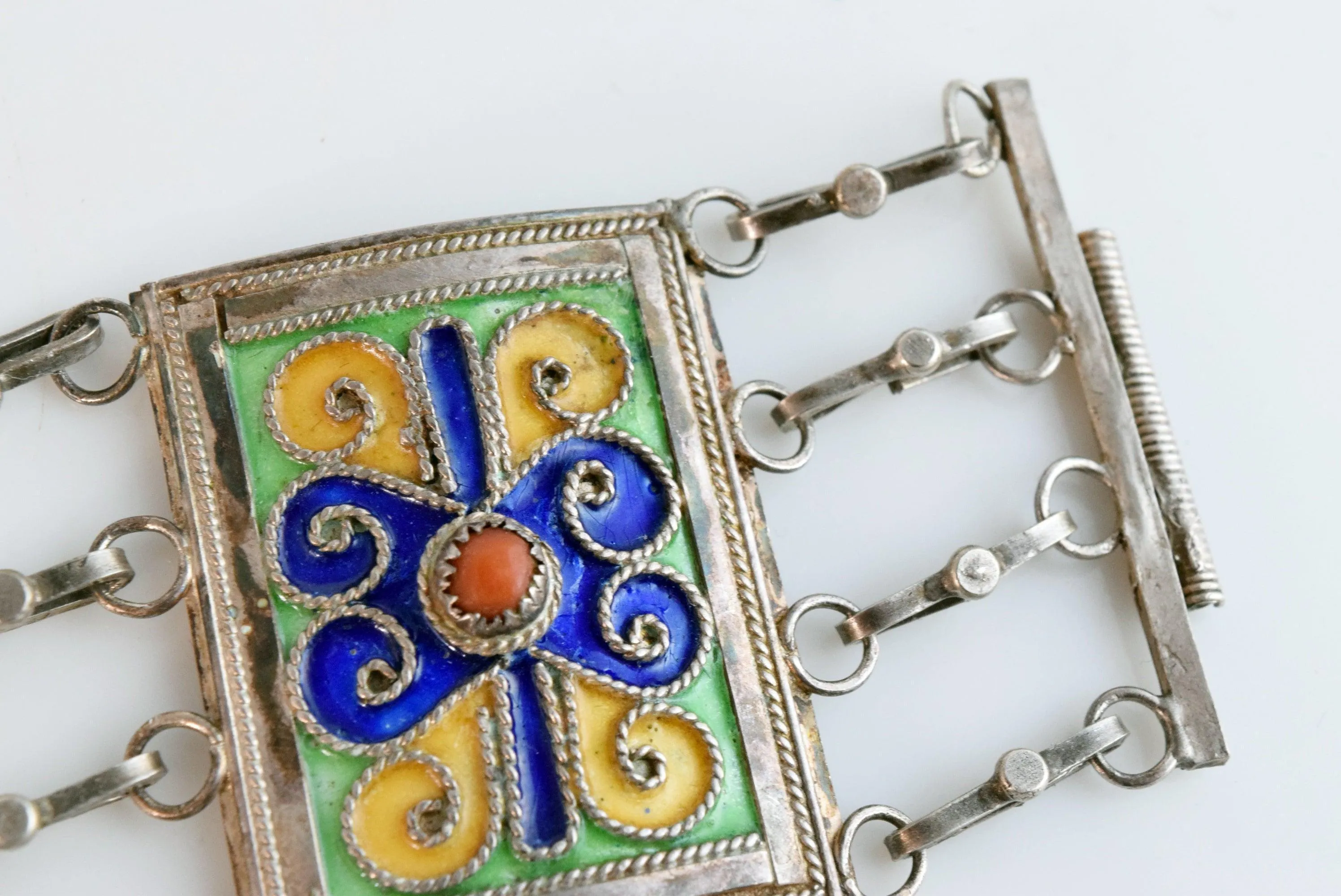 Vintage Kabyle Berber Silver Enamel Link Bracelet