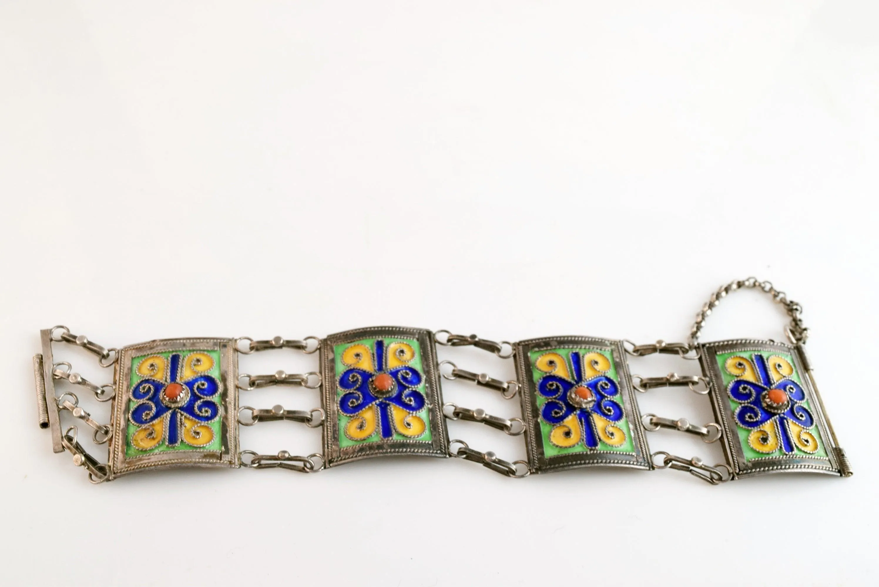 Vintage Kabyle Berber Silver Enamel Link Bracelet