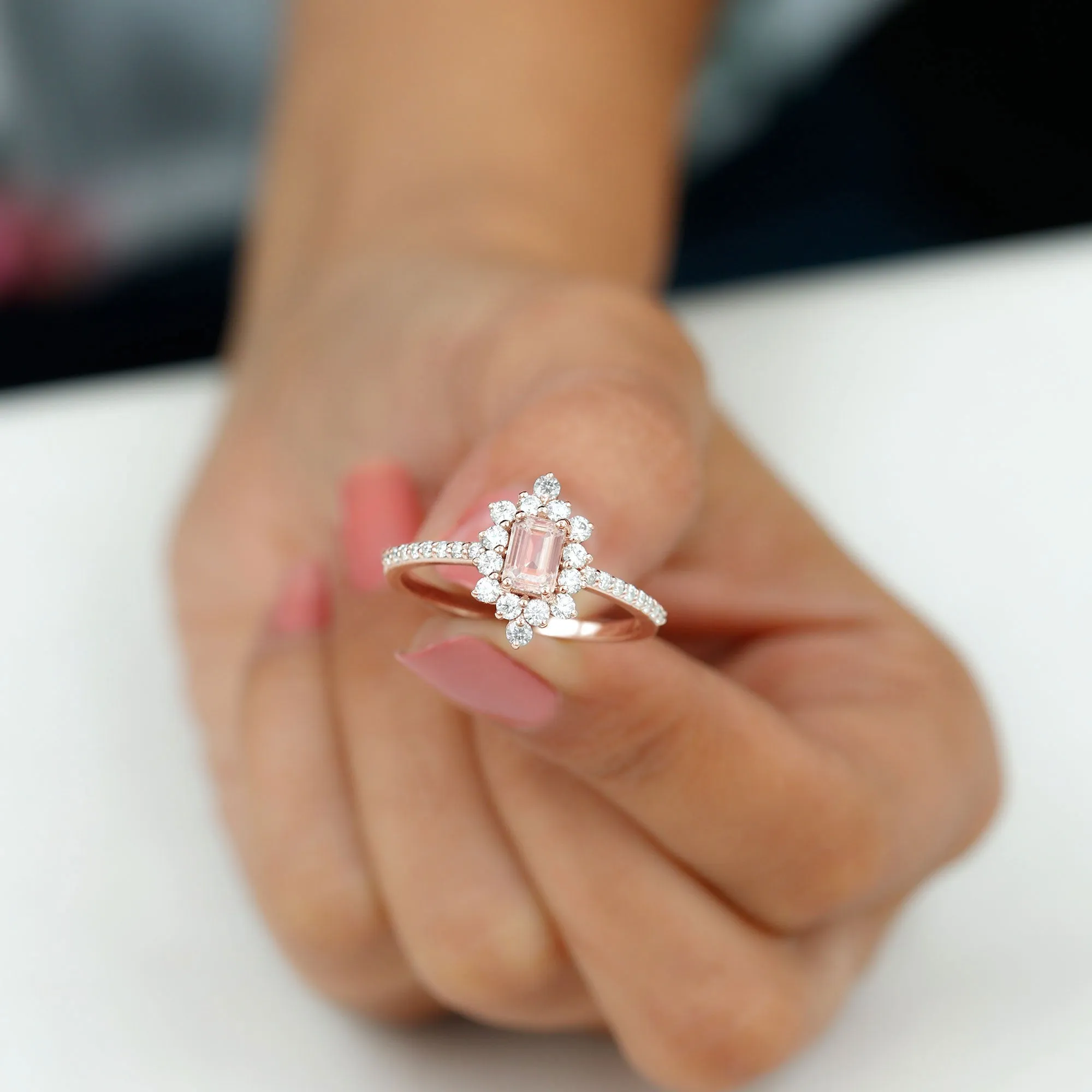 Vintage Morganite and Diamond Halo Engagement Ring