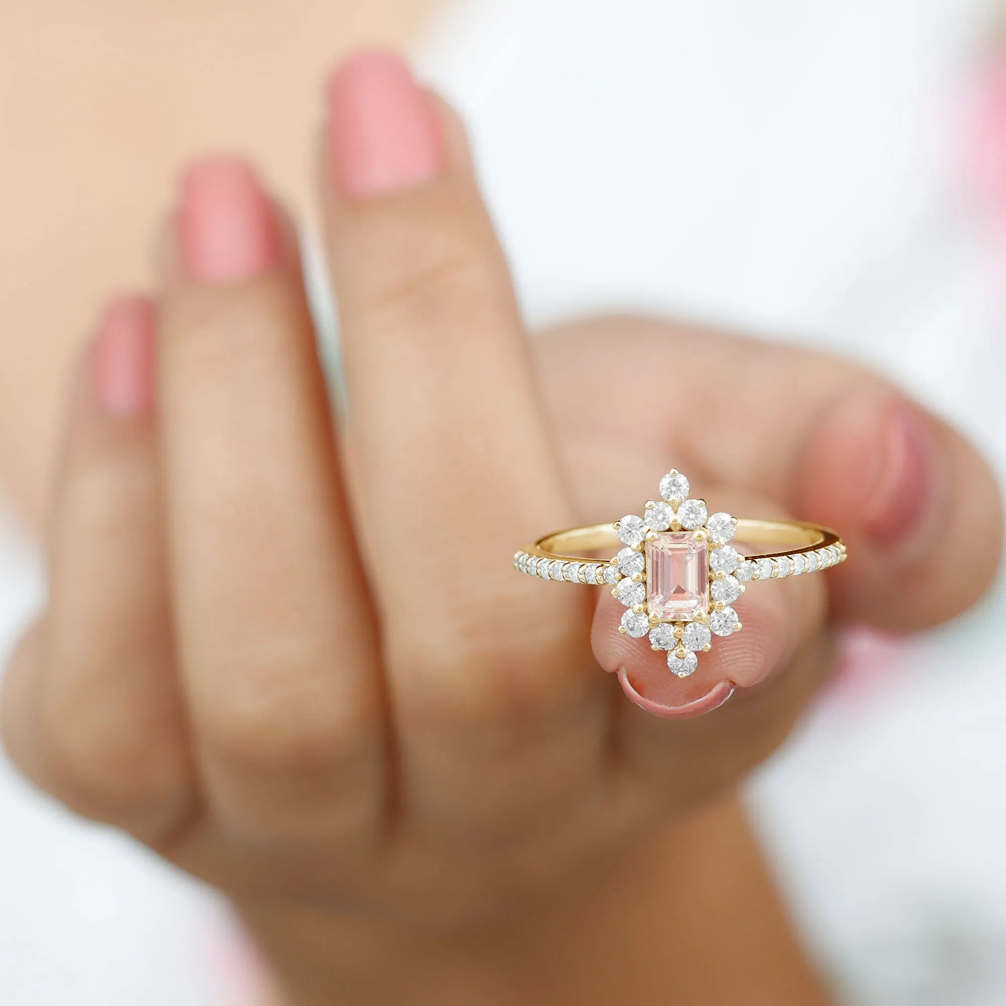 Vintage Morganite and Diamond Halo Engagement Ring