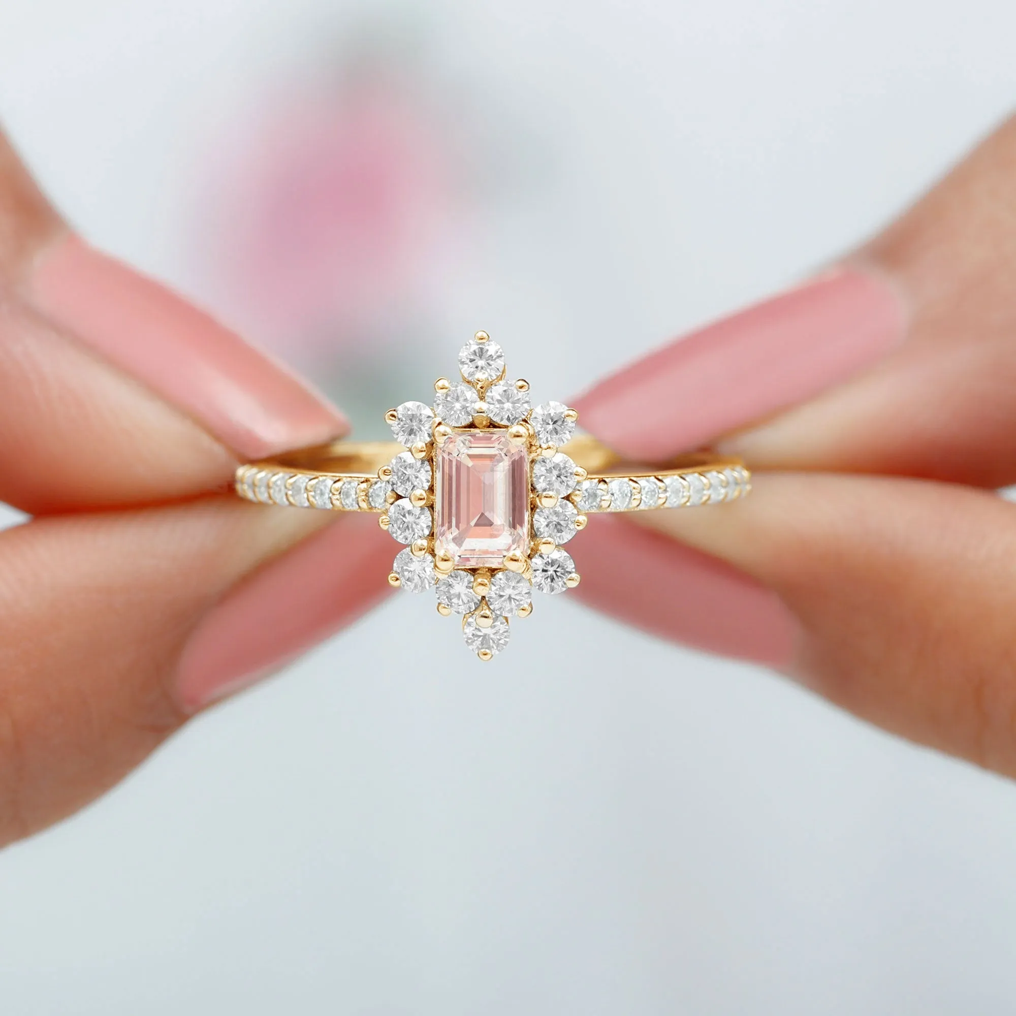 Vintage Morganite and Diamond Halo Engagement Ring