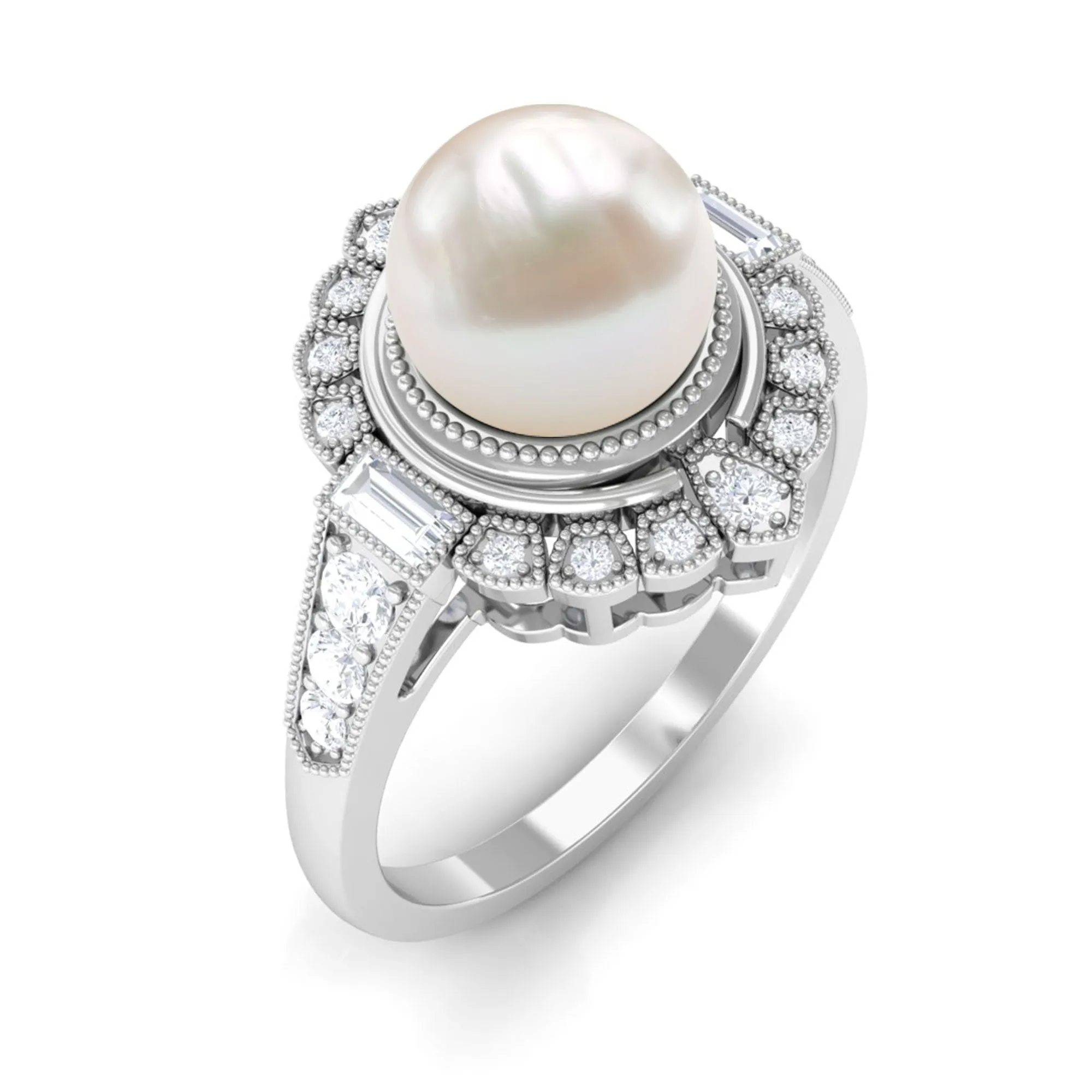 Vintage Style Freshwater Pearl and Diamond Engagement Ring