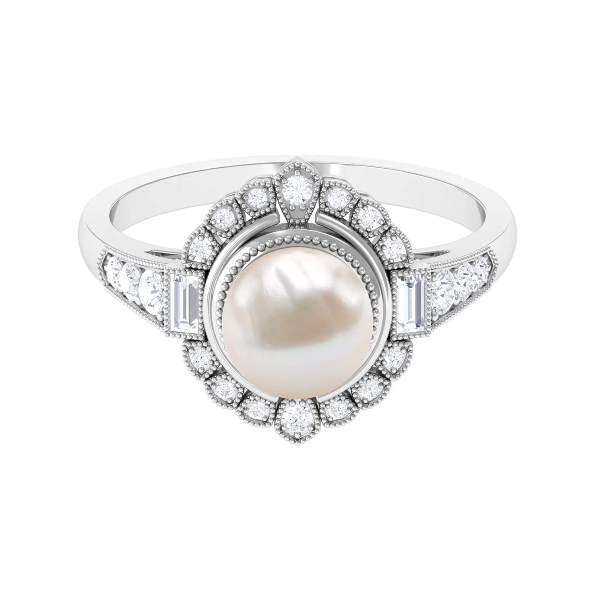 Vintage Style Freshwater Pearl and Diamond Engagement Ring