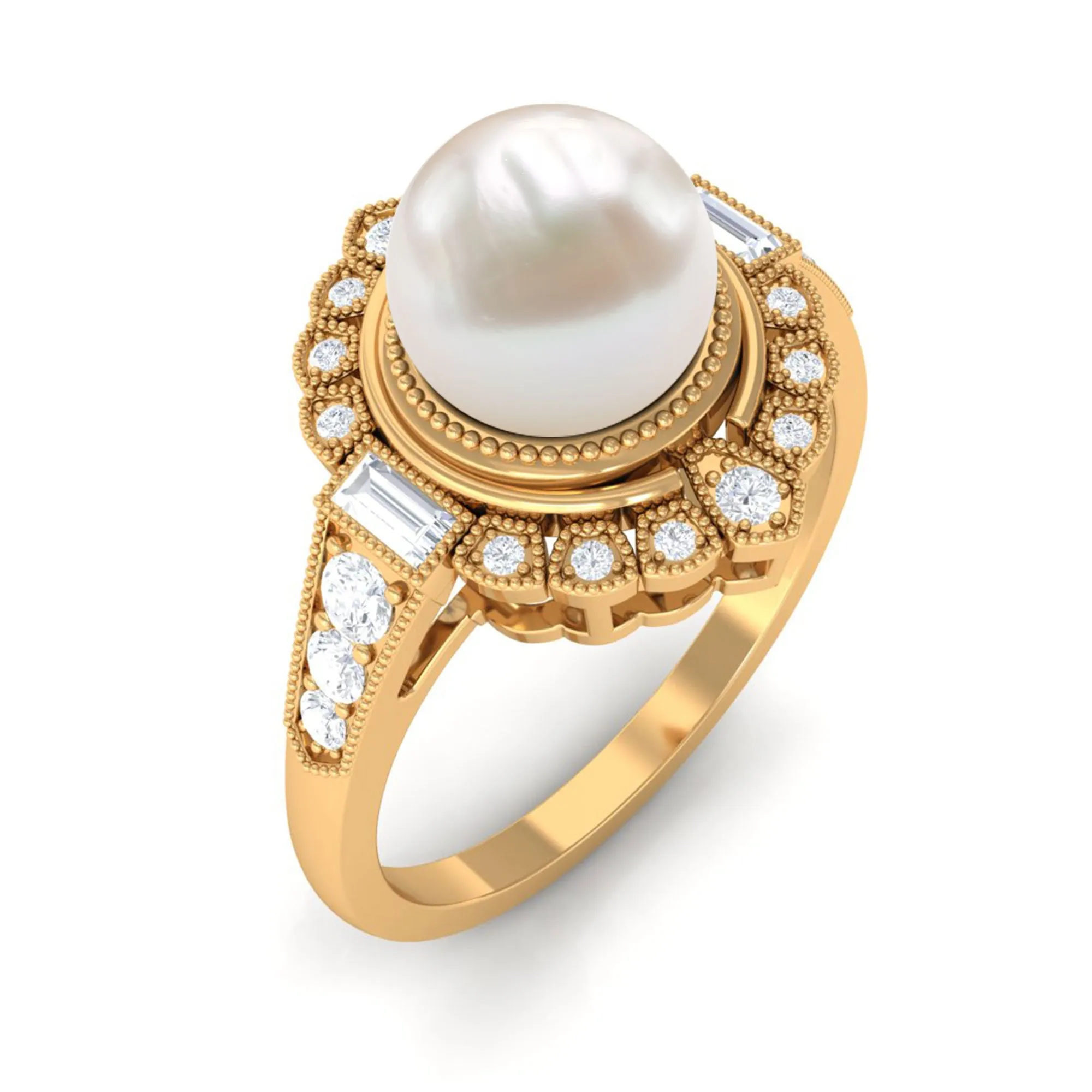 Vintage Style Freshwater Pearl and Diamond Engagement Ring