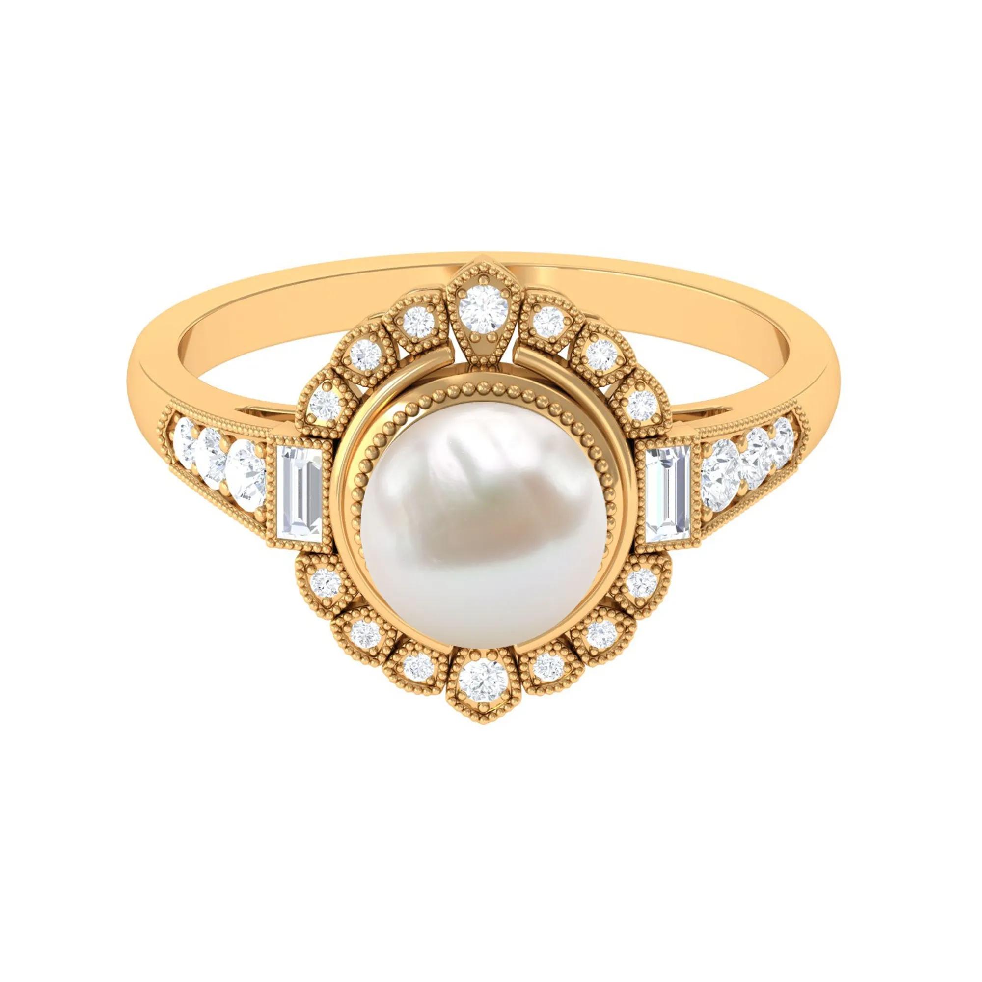 Vintage Style Freshwater Pearl and Diamond Engagement Ring