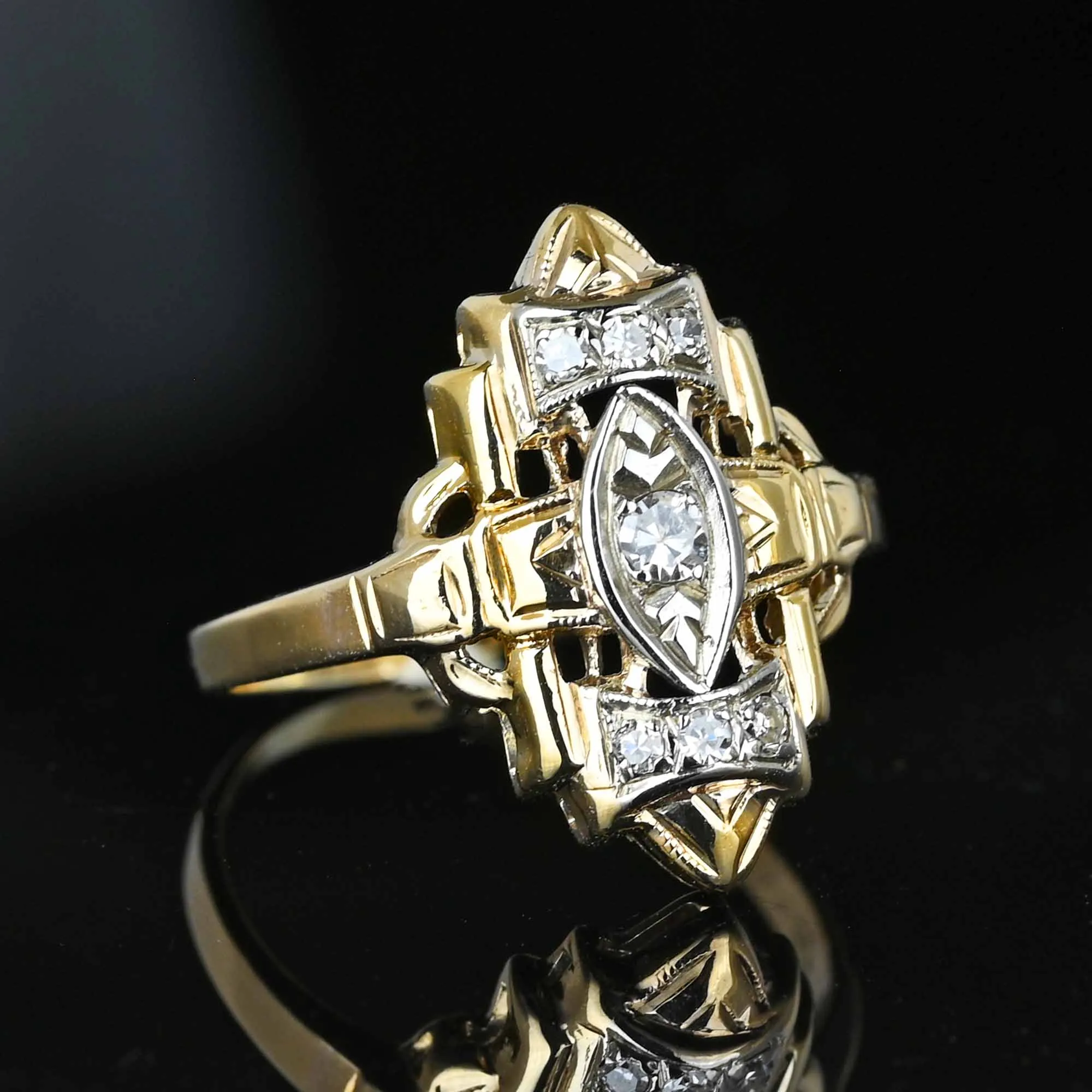 Vintage Two Tone Gold Diamond Shield Ring