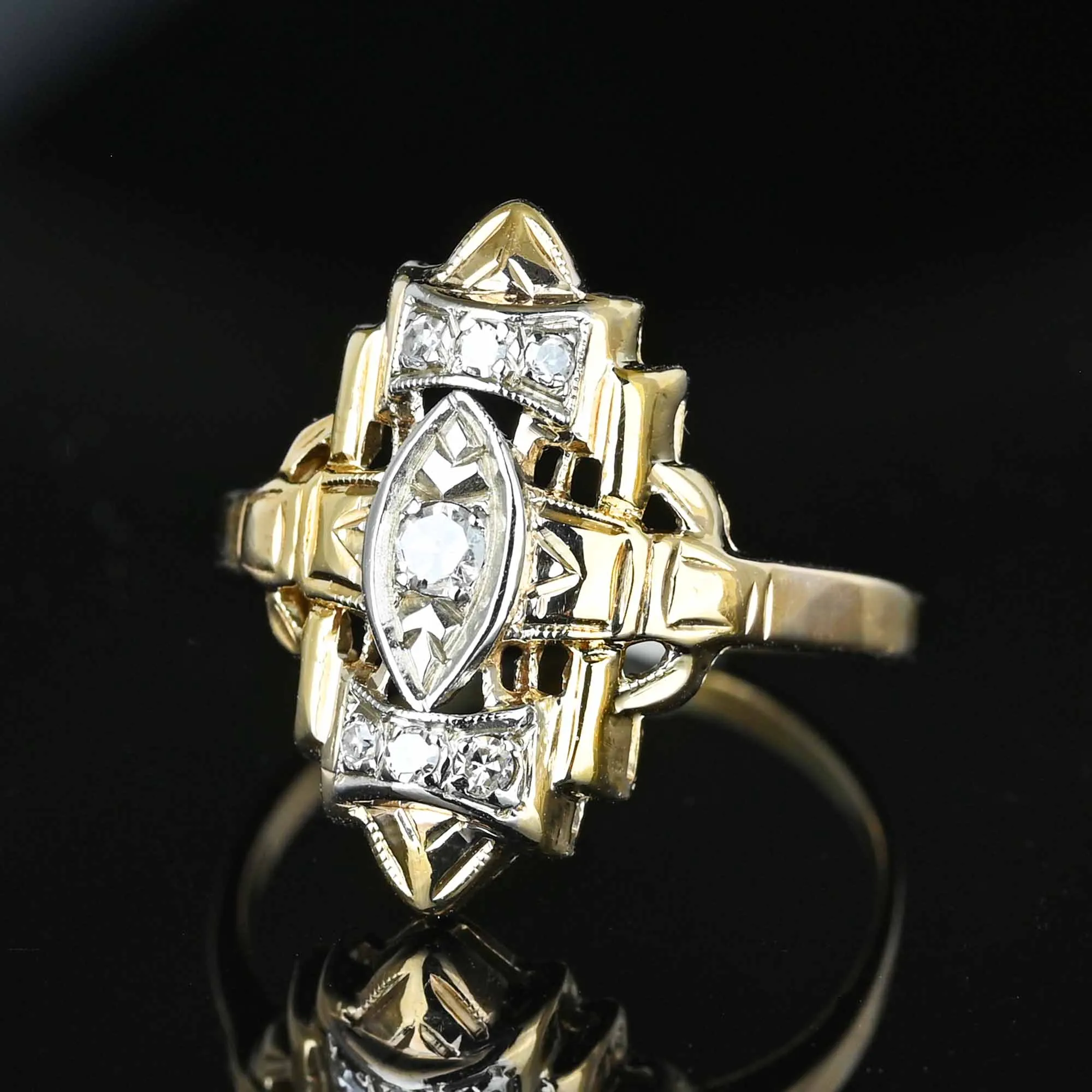 Vintage Two Tone Gold Diamond Shield Ring