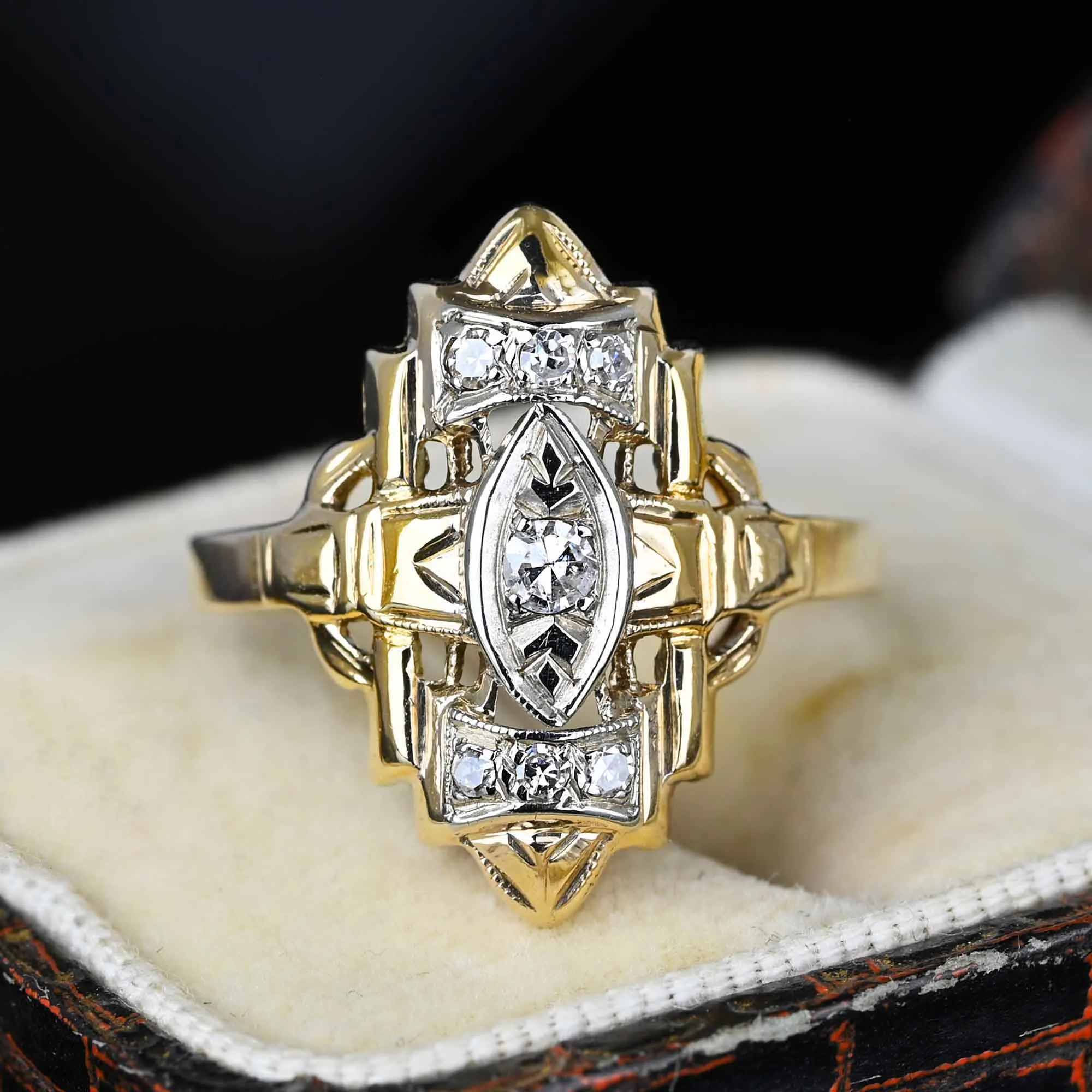 Vintage Two Tone Gold Diamond Shield Ring