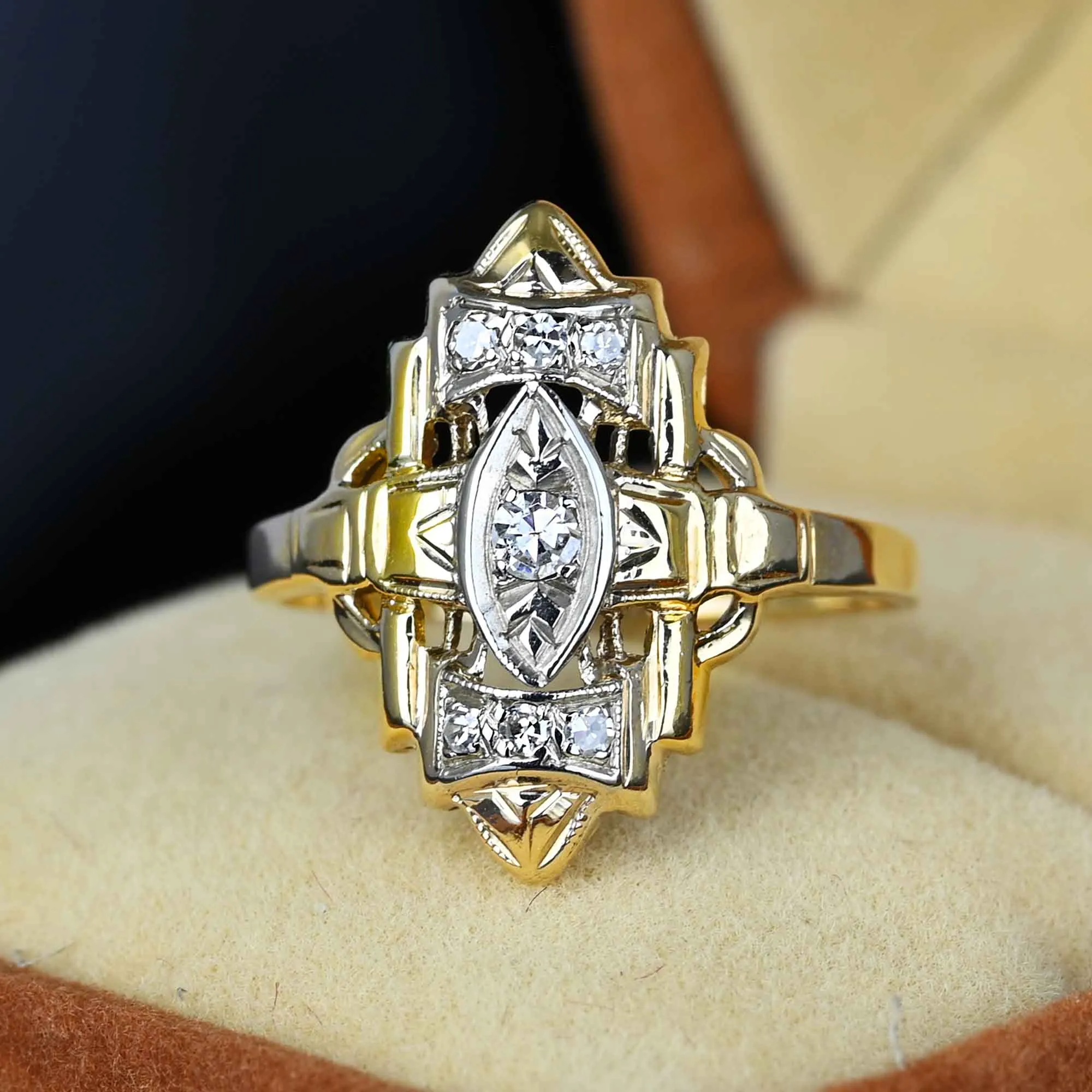 Vintage Two Tone Gold Diamond Shield Ring