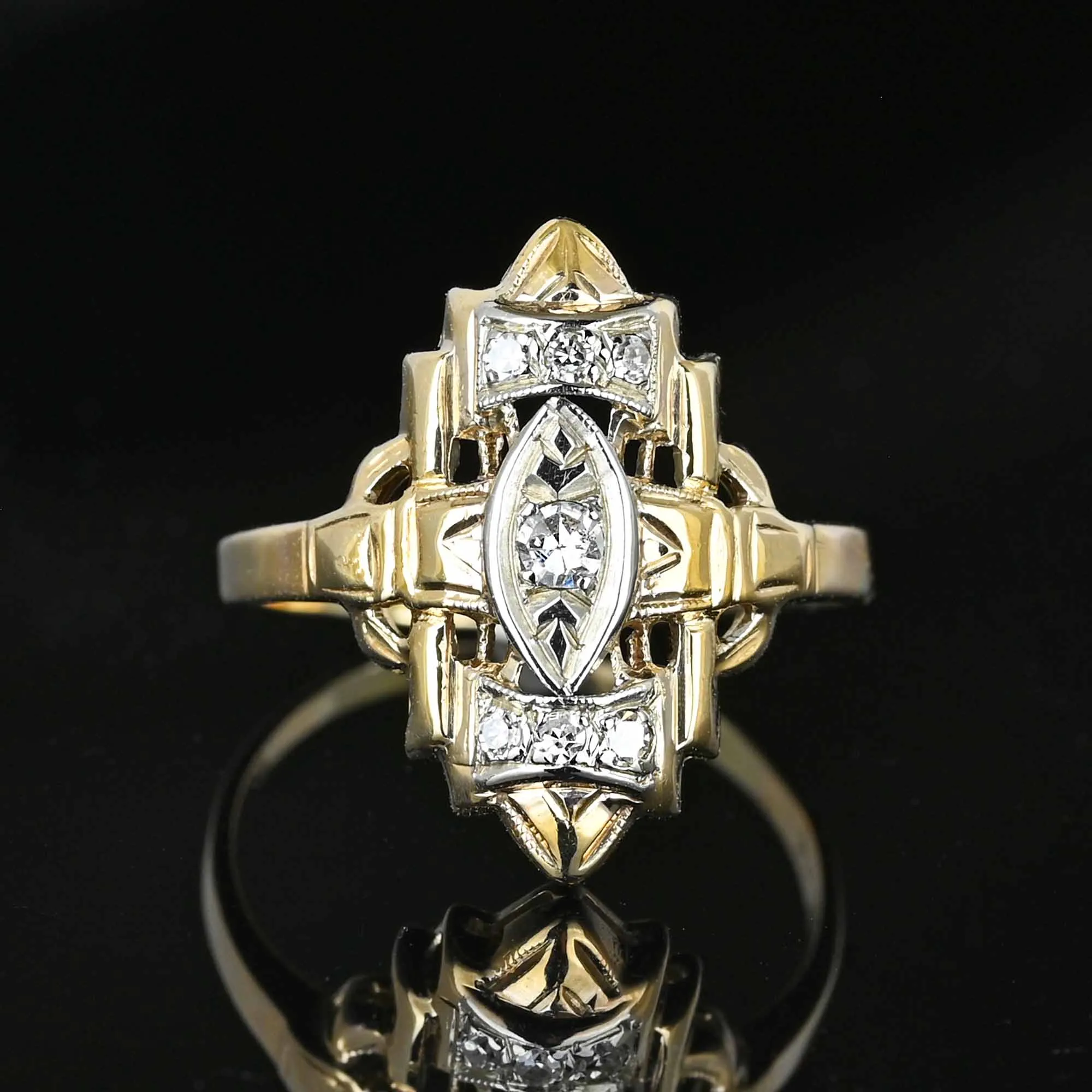 Vintage Two Tone Gold Diamond Shield Ring