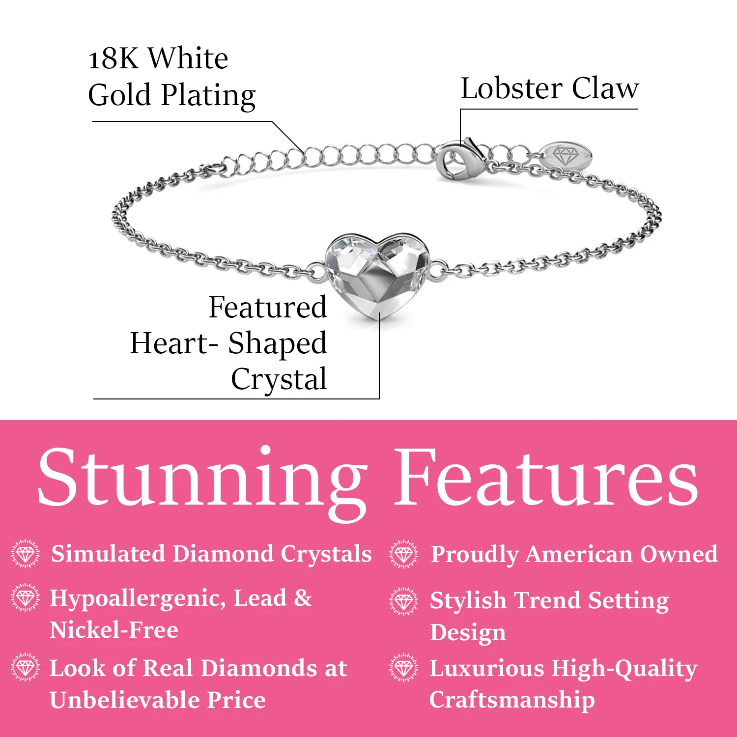 Violet 18k White Gold Plated Crystal Heart Bracelet