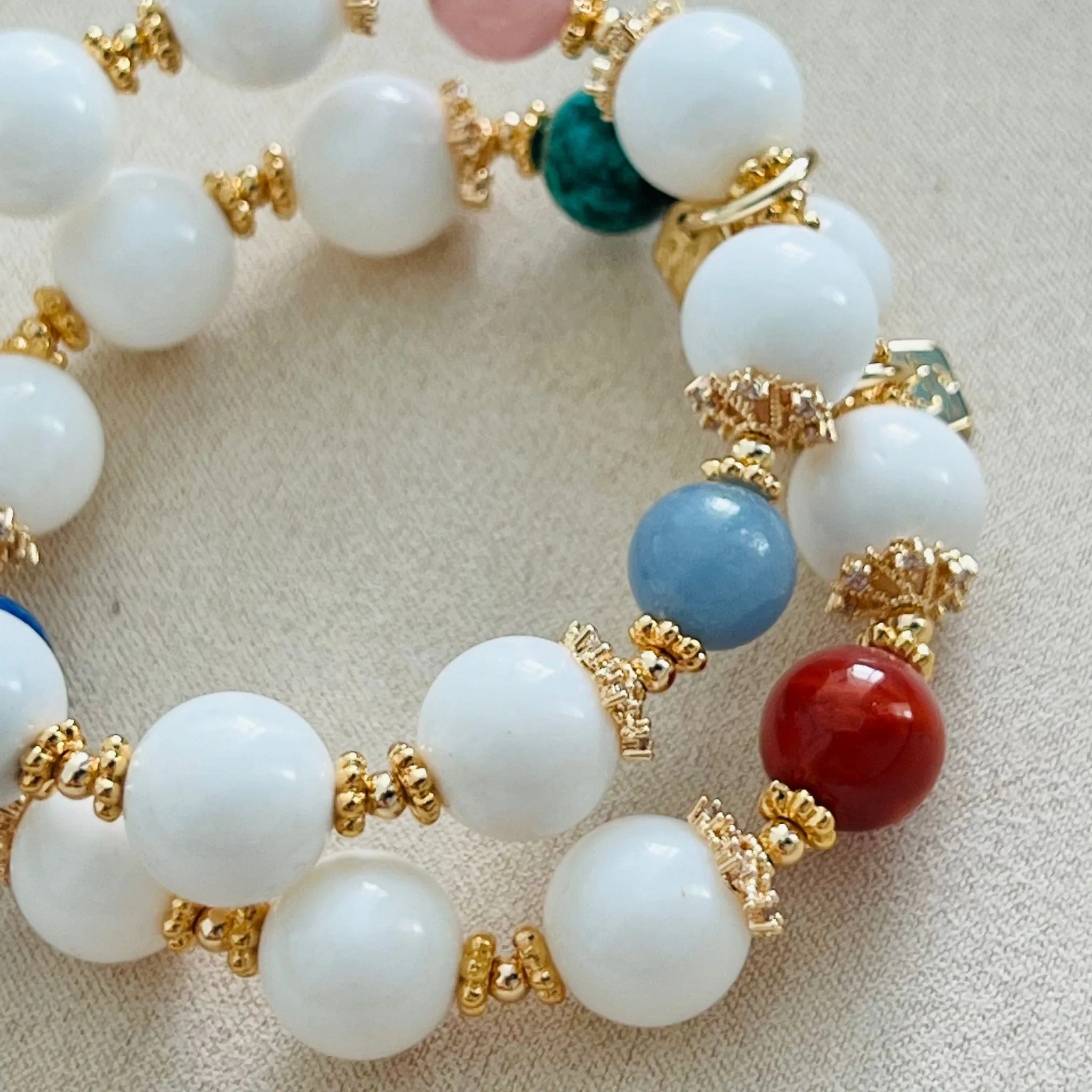 White Coral, Blue Angelite, Citrine & Madagascar Rose Quartz Bracelet