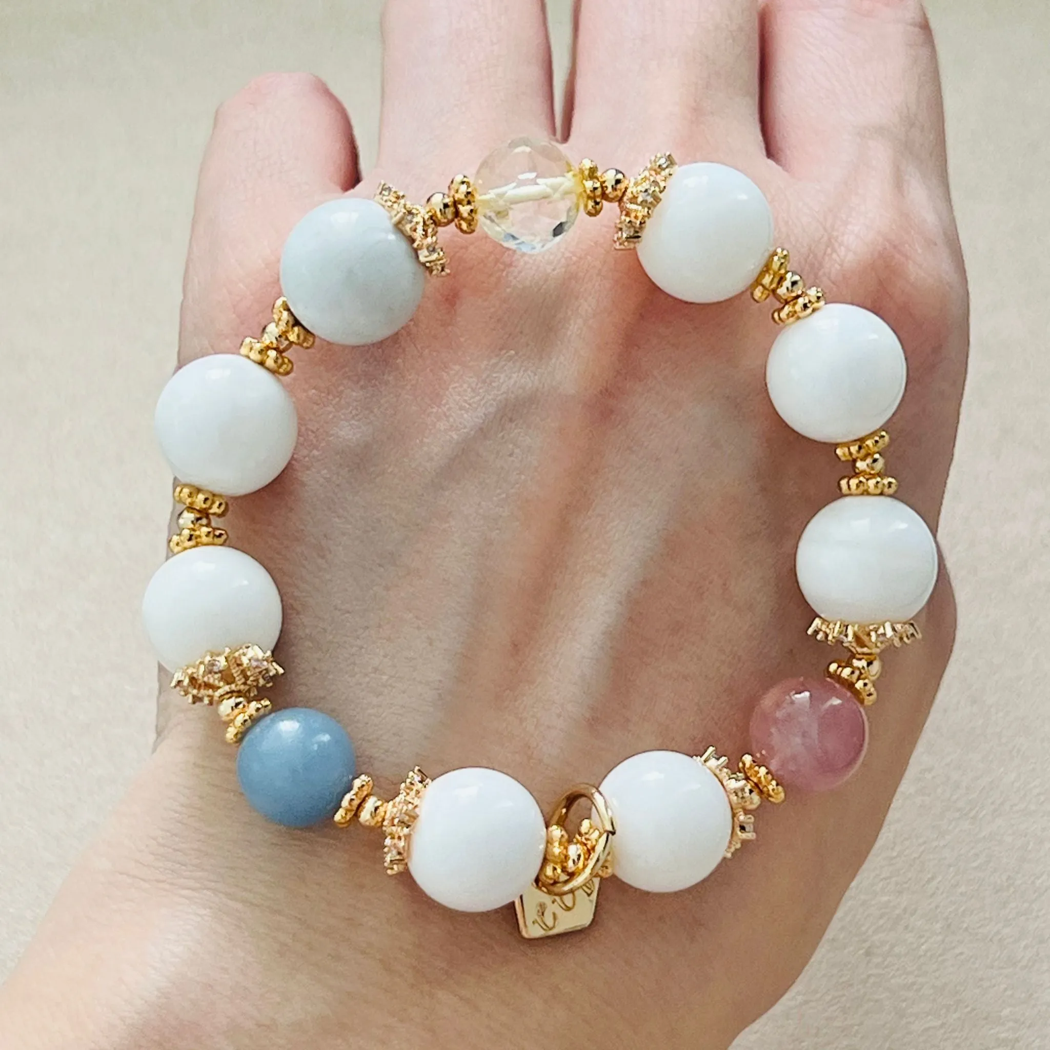 White Coral, Blue Angelite, Citrine & Madagascar Rose Quartz Bracelet