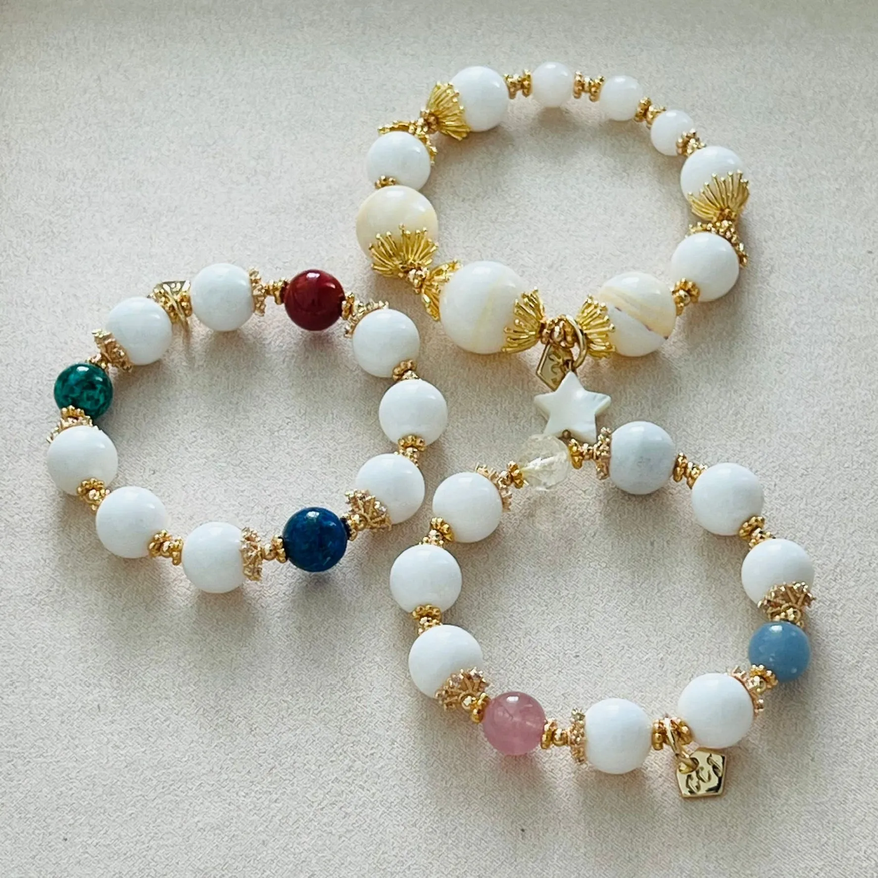 White Coral, Blue Angelite, Citrine & Madagascar Rose Quartz Bracelet