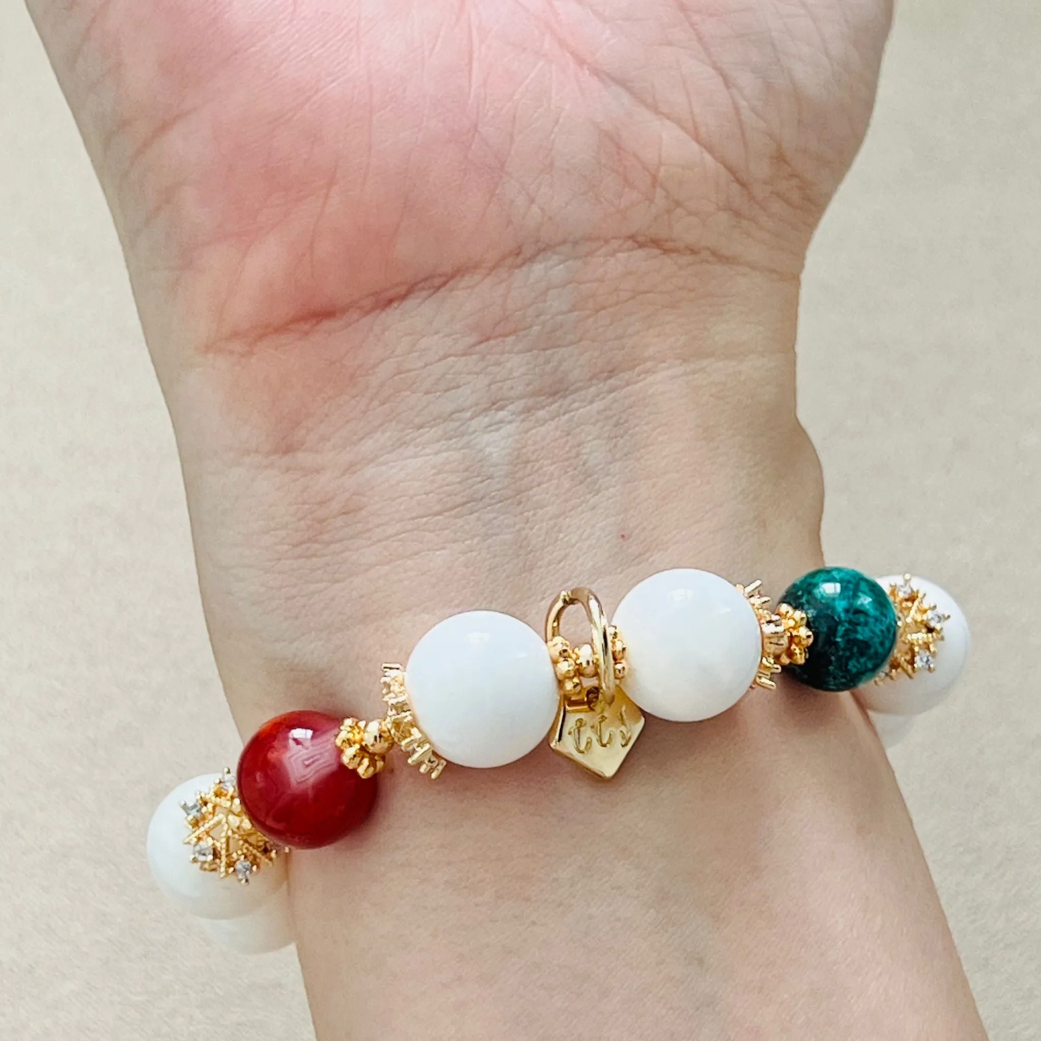 White Coral, Green Turquoise, Lapis Lazuli & Red Agate Bracelet